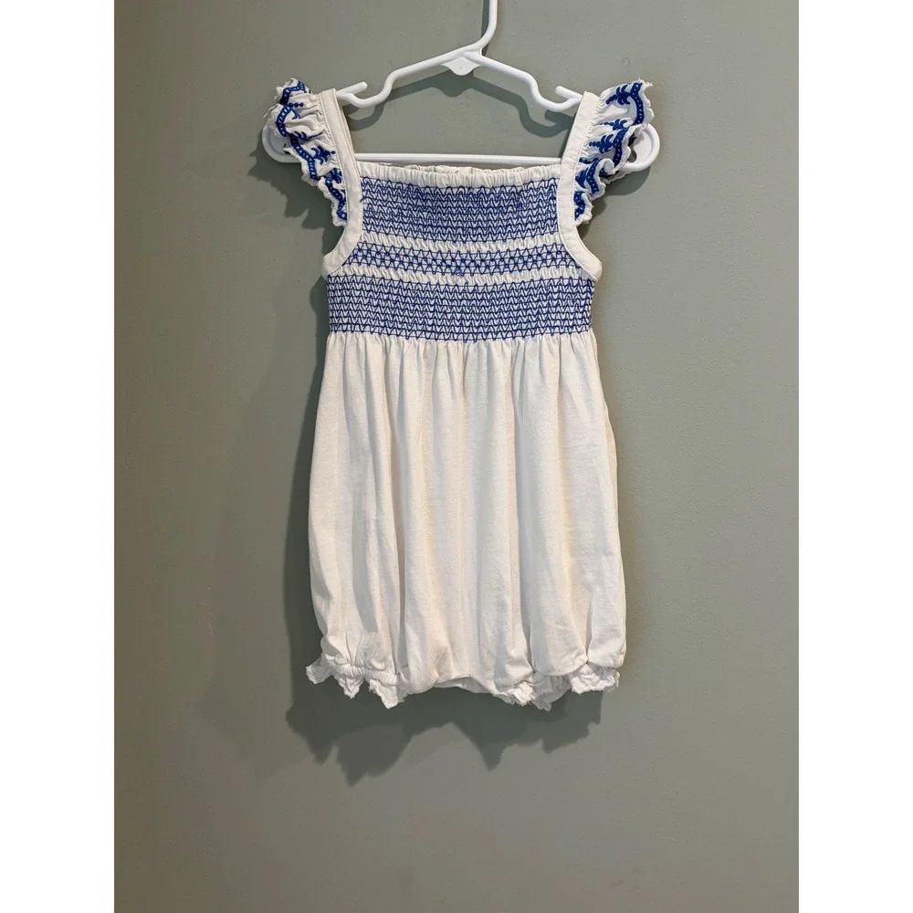 Ralph Lauren Baby Girl Smocked Romper White Blue Embroidered Bubble 18M